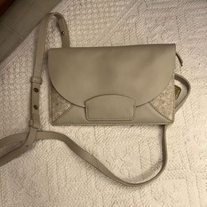 Gray wool and leather convertible clutch and shoulder bag